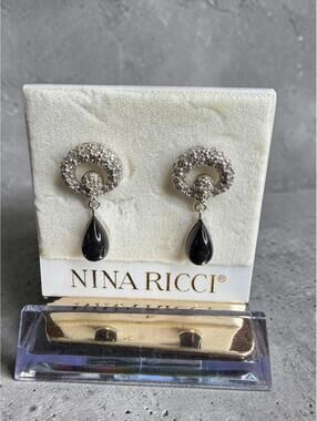 Vintage Nina Ricci Rhodium Plated Pave Swarovski Crystal & Black Drop Earrings